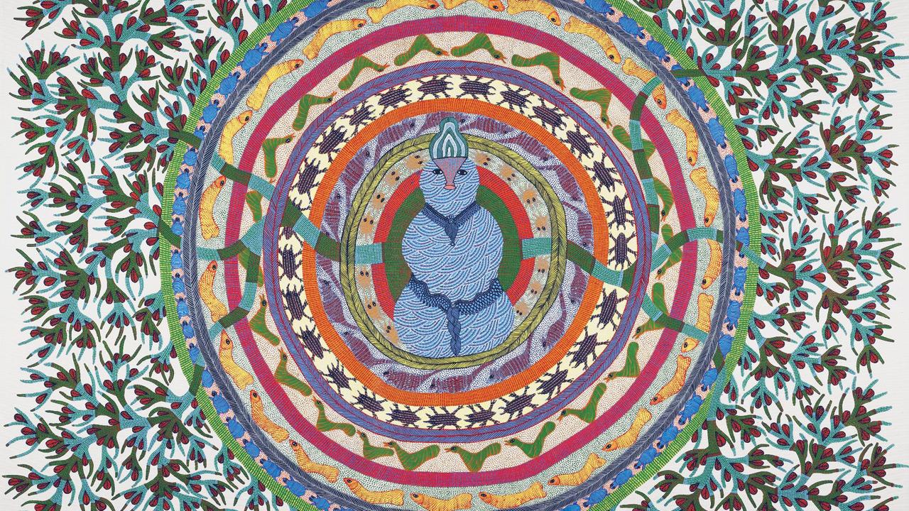Bada Dev by Ram Singh Urveti, 2019. The work depicts the Gond myth of Bada Dev, a deity who resides within the Saja tree. The tree is worshipped, and protected from being cut down