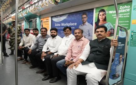 Maharashtra Legislative Council Chairman Ram Shinde (extreme right) took the Mumbai Metro-3 on Tuesday. PIC/X