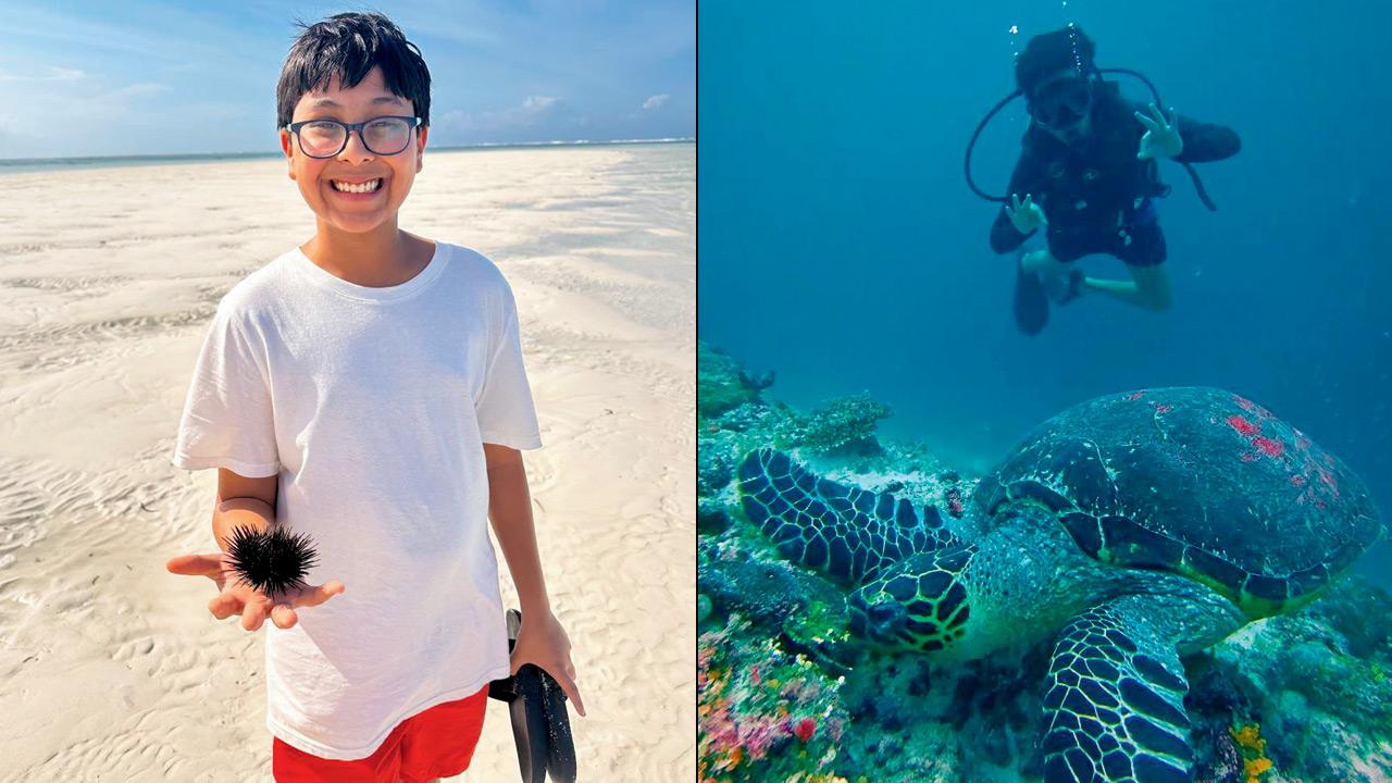 (Left) Rian Kothari holds a Sea Urchin at Zanzibar Islands in 2023; Kothari on a scuba dive at Maldives in 2024