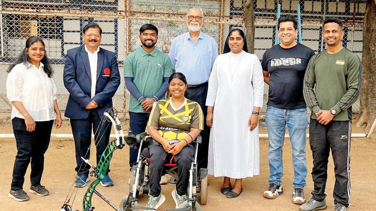 Rutvi Lolge with (standing, left to right) mum Suvarna, St Anne’s High School’s sports coordinator Ram Ahiwale, coach Jagannath Shetkar, parish priest Rev Fr Anicito Pereira, St Anne’s principal Sister Leo Vinnarasi, (restaurateur & well wisher) Ronnie D’Souza and coach Rohan More