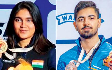 Esha Singh with her gold medal. Pic/Esha’s Instagram; (right) Samrat Rana with his bronze medal. Pic/NRAI’s X account