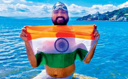 Satendra Singh Lohiya after his successful Cook Strait crossing in New Zealand on February 12. Pic/By Special Arrangement