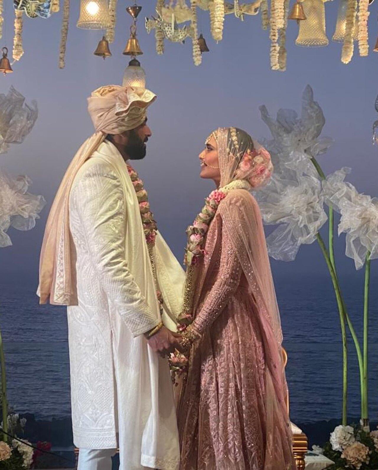 For their big day, the Scoop actress opted for a pastel pink lehenga and complimented it with heavy jewellery. Varun chose an off-white sherwani.