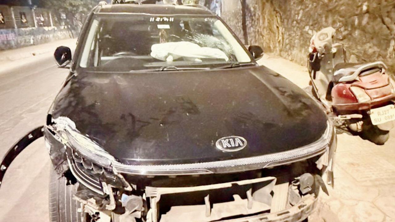 The car involved in the crash near Somaiya College in Vidyavihar shows extensive damage. Pic/By Special Arrangement