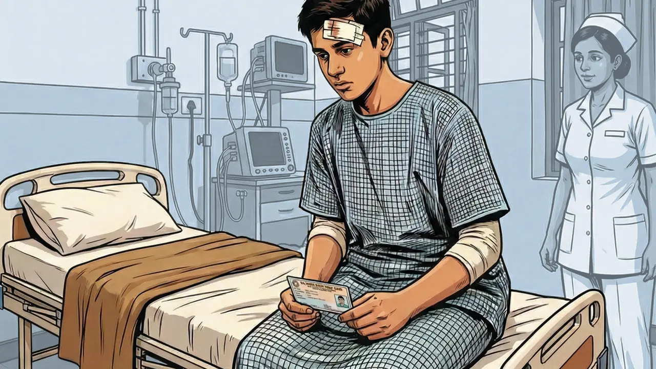 Student in the hospital: Student with bandaged arms and a head injury after a late-night two-wheeler accident, just hours before he was due to appear for his SSC board exam