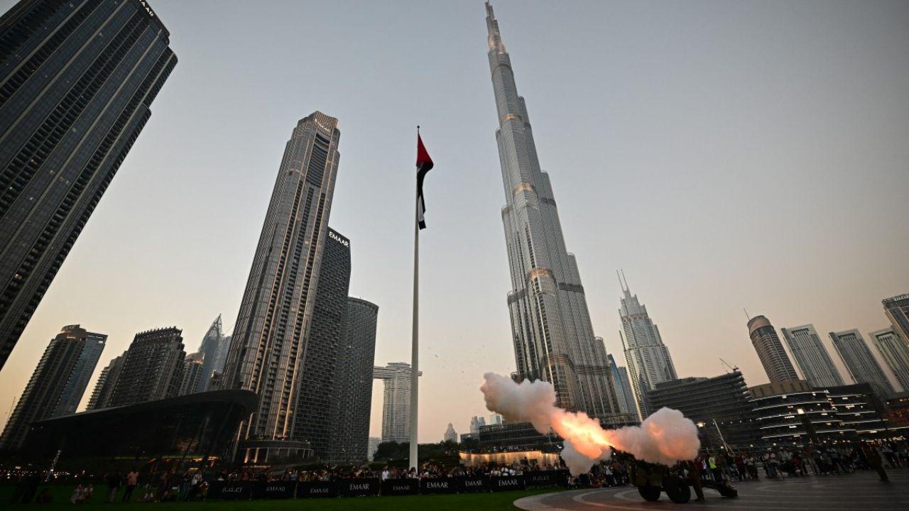 The iftar (fast-breaking) cannon is fired to signal sunset and the end of the day’s fast in central Dubai