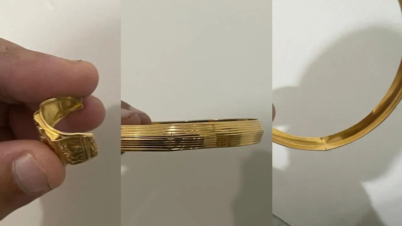 The stolen gold ring was crudely cut at the back and the kadda bore a visible dent, evidence of tampering during the Expressway theft. PICS/ Mandeep Singh Khurana 