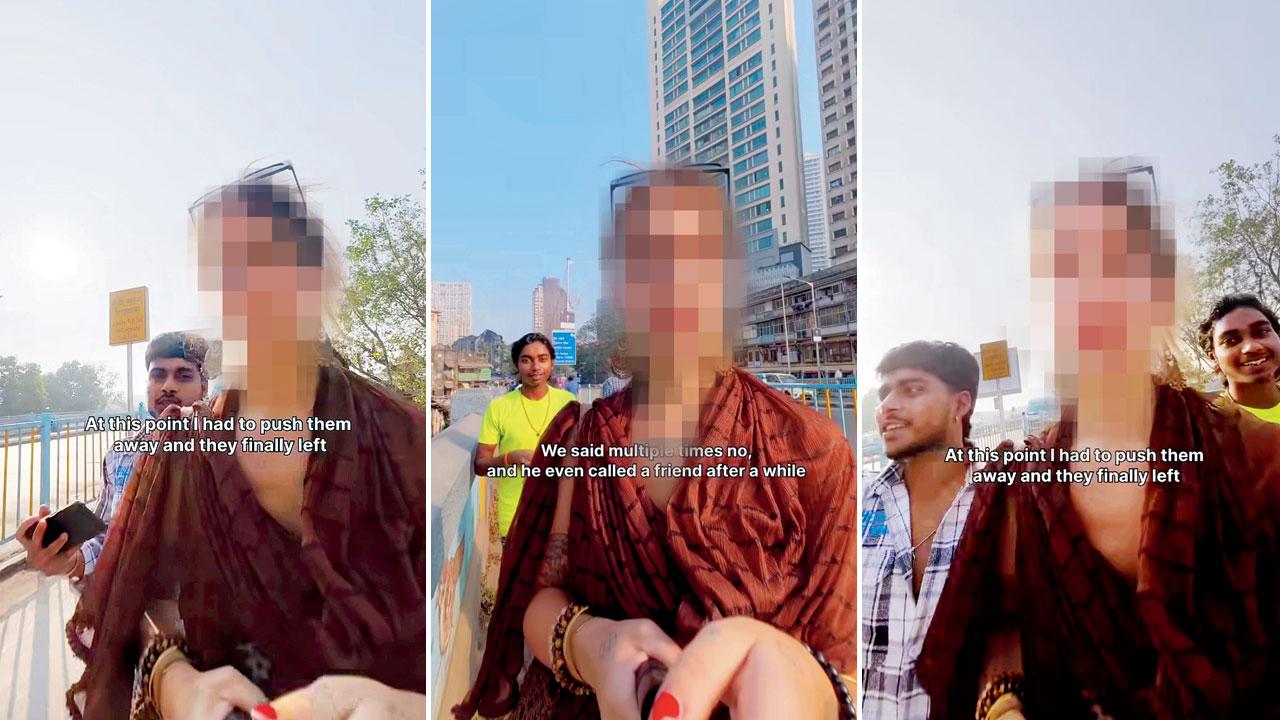 The two men are seen walking behind the woman in the viral video; Both individuals approach her again, continuing to request a selfie; The men are seen once more attempting to interact with the traveller despite repeated refusals