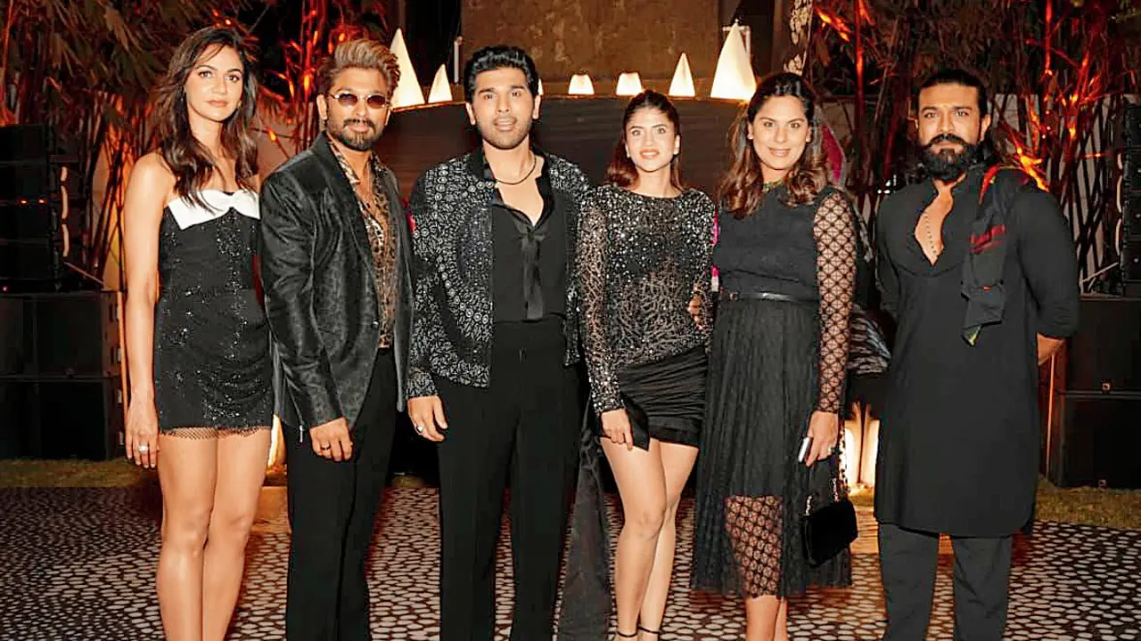 (L-R) Sneha Reddy, Allu Arjun, Allu Sirish, Nayanika Reddy, Upasana Kamineni Konidela, and Ram Charan