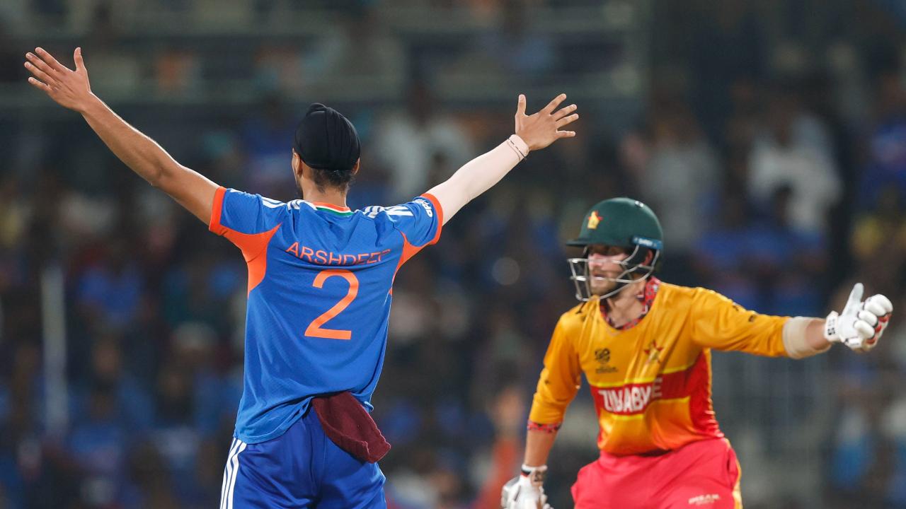 In the T20 World Cup 2026 match against Zimbabwe, Team India's pacer Arshdeep Singh claimed three wickets by conceding 24 runs in four overs (Pic: X/@BCCI)