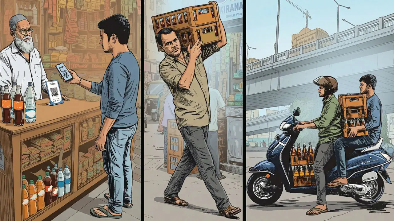 (From left) The accused pretended to make an online QR-code payment at the shop counter; a shop worker loaded cartons of energy drinks onto the motorcycle, believing the payment was complete; the accused fled on the motorcycle with the cartons before the payment could be verified