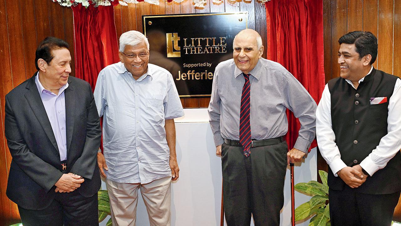 (From left) Former HDFC vice chairman Keki Mistry, former HDFC chairman Deepak Parekh, NCPA chairman Khushroo N Suntook, and Aashish Agarwal, Country Head (India), Jefferies at the launch. Pics/Satej Shinde