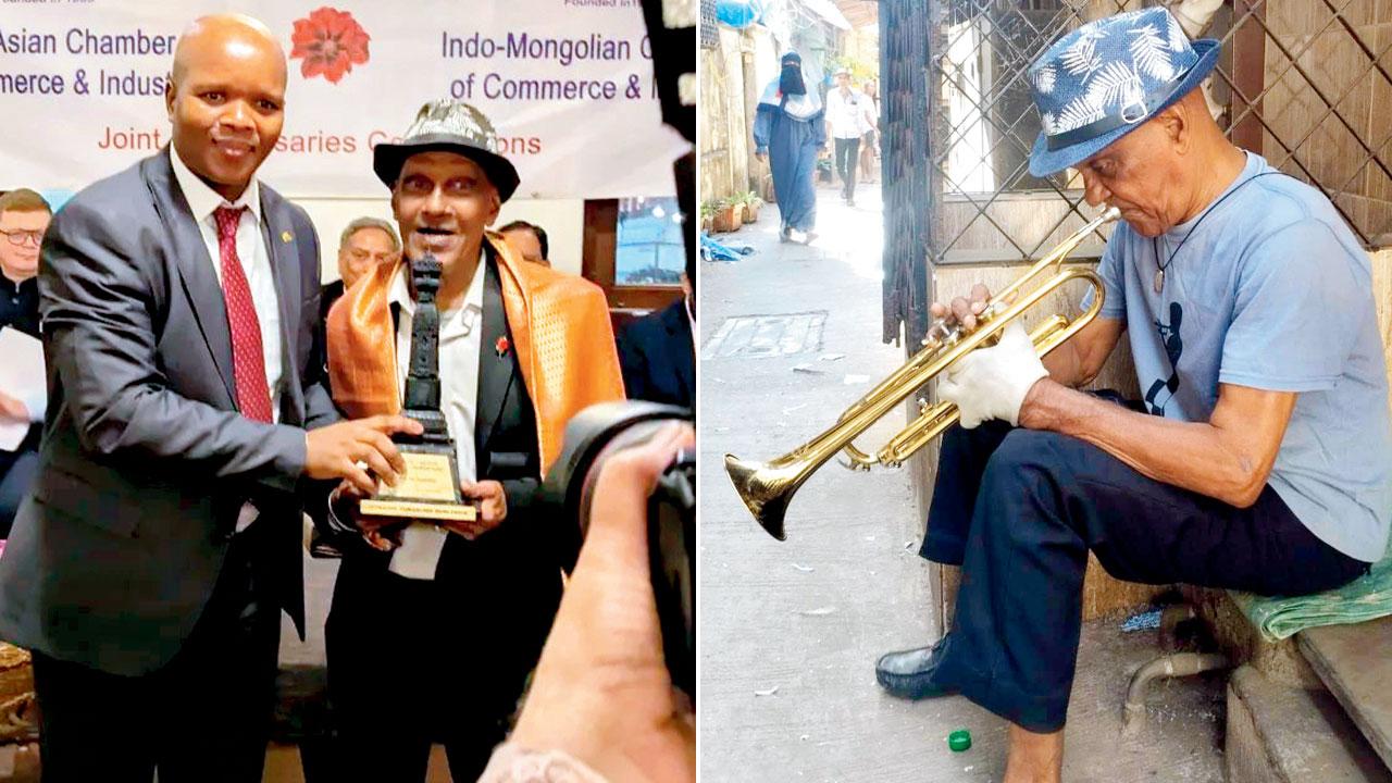 Gedion Labane, Consul General of South Africa, Mumbai presents the award to Joe Vessaokar (right). Pic Courtesy/@gohalluhallu; (right) Vessaokar plays his trumpet by a street in Bandra. Pic Courtesy/Minaz Ansari