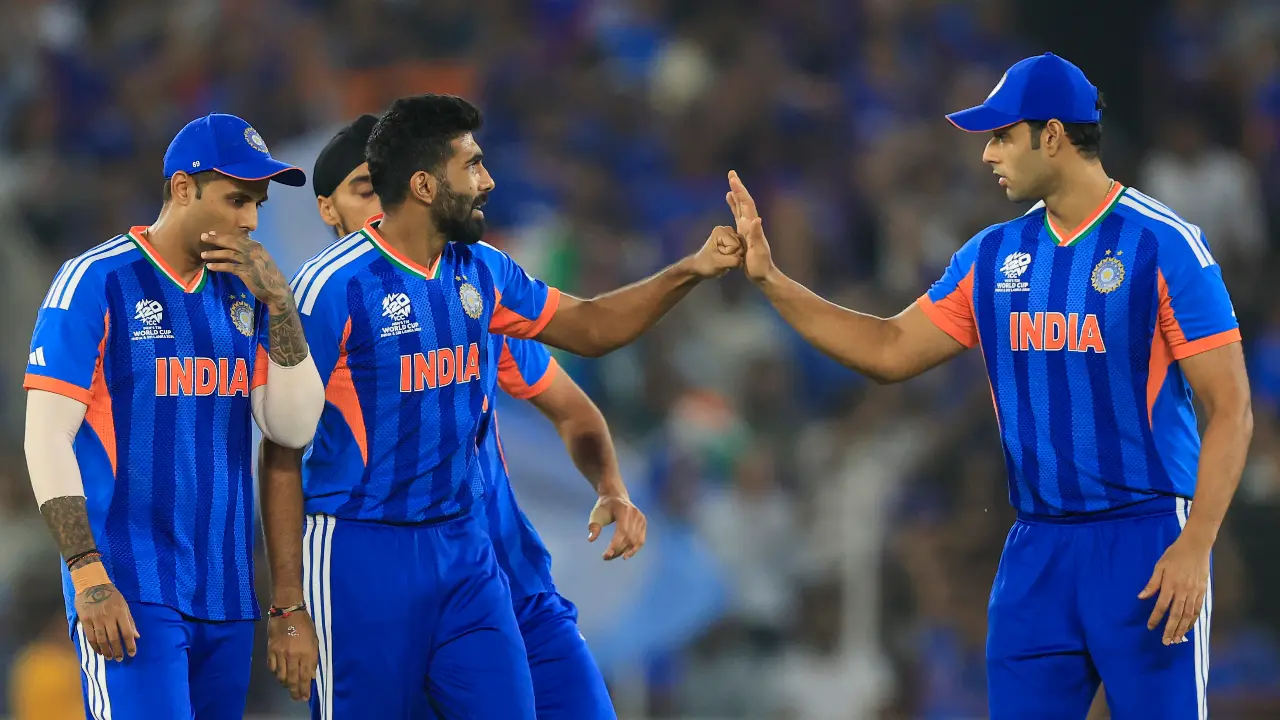 Team India's lead pacer Jasprit Bumrah returned with the figures of three wickets for 15 runs in four overs. Arshdeep Singh also bagged two wickets by conceding 28 runs in his spell of four overs. Varun Chakaravarthy and Shivam Dube also chipped in with one wicket each (Pic: X/@BCCI)