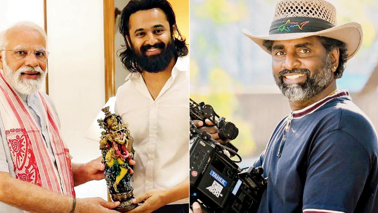 Prime Minister Narendra Modi with actor Unni Mukundan; (right) KK Senthil Kumar