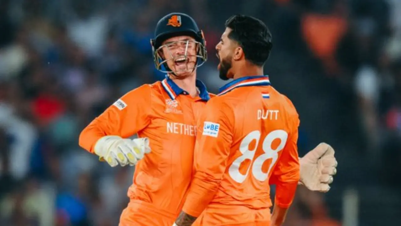 The Netherlands' Logan van Beek registered three wickets by leaking 56 runs in four overs. Aryan Dutt returned with the figures of two wickets for 19 runs in four overs. Kyle Klein also bagged one wicket. Colin Ackermann, Bas de Leede, and Roelof van der Merwe went wicketless in the T20 World Cup 2026 match against Team India (Pic: X/@KNCBcricket)