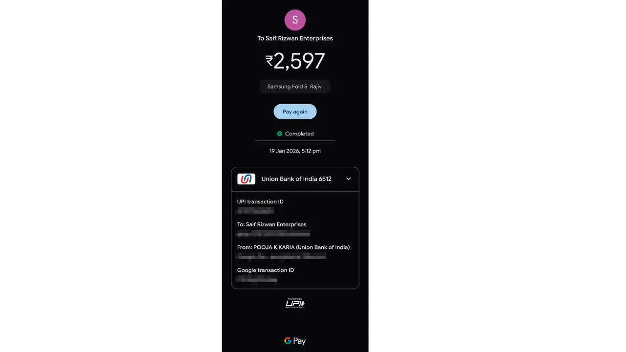 A screenshot confirming the transfer of money made in favour of the scammer