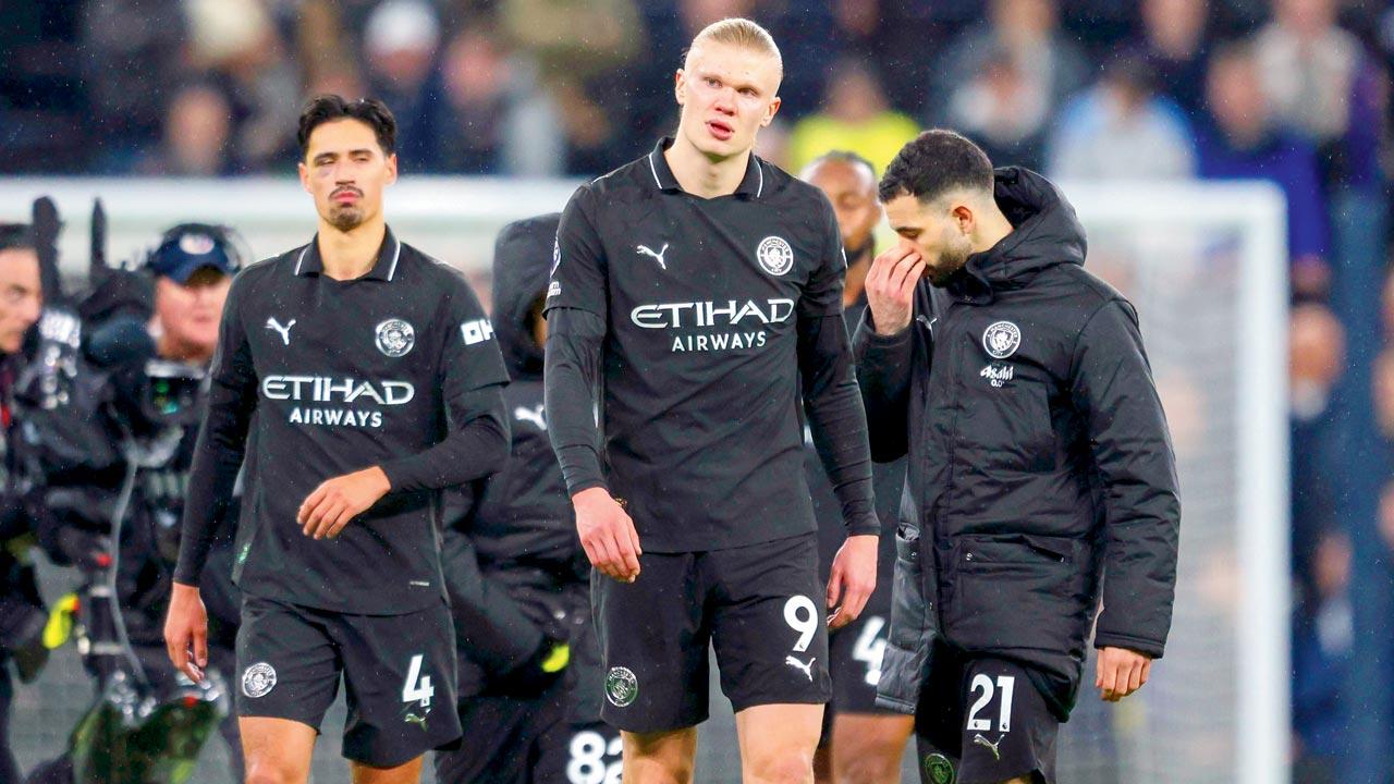 Manchester City’s Erling Haaland wears a dejected look after their 2-2 away draw against Tottenham Hotspur on Sunday. Pic/Getty Images