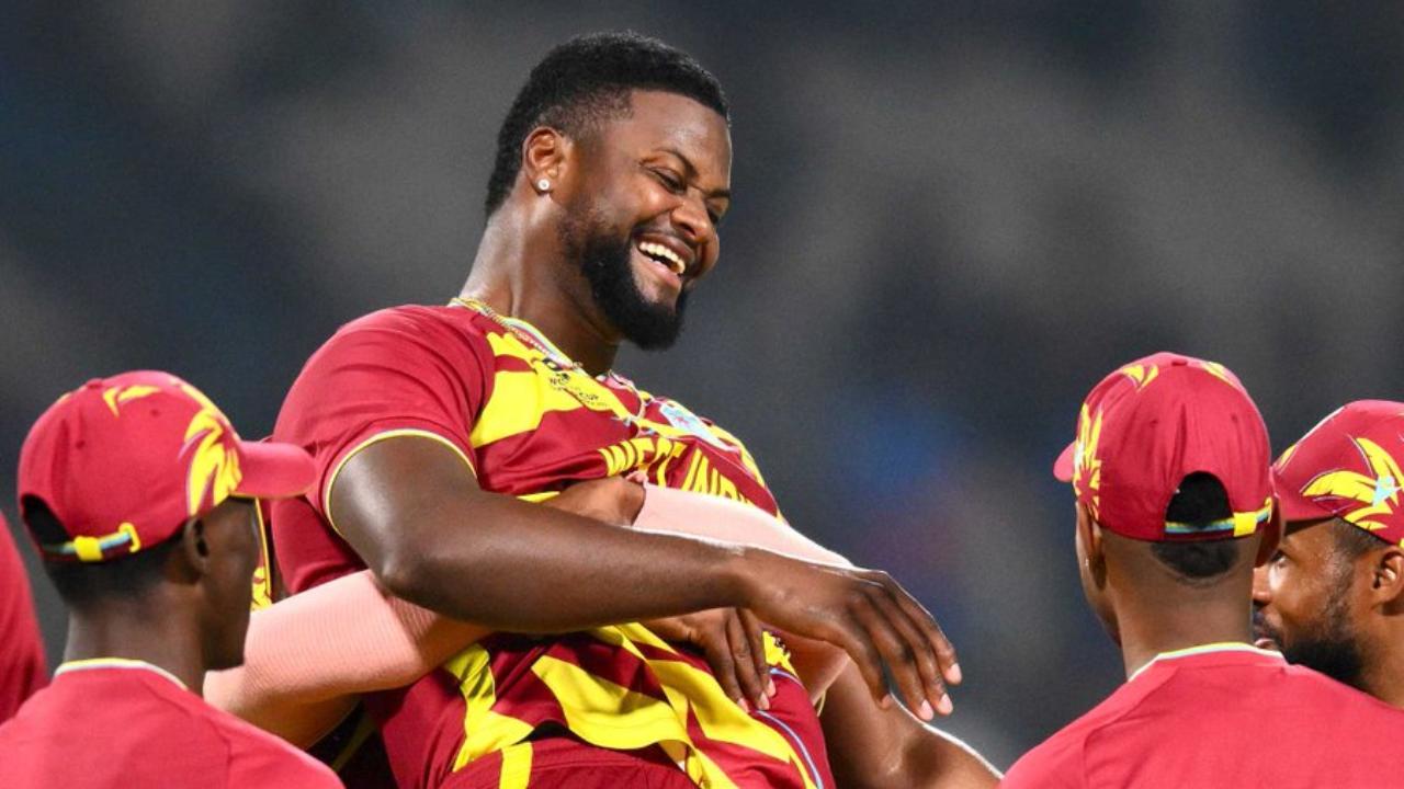 In the T20 World Cup 2026 match against Scotland, West Indies' Romario Shepherd returned with the figures of five wickets for 20 runs in three overs (Pic: X/@ICC)
