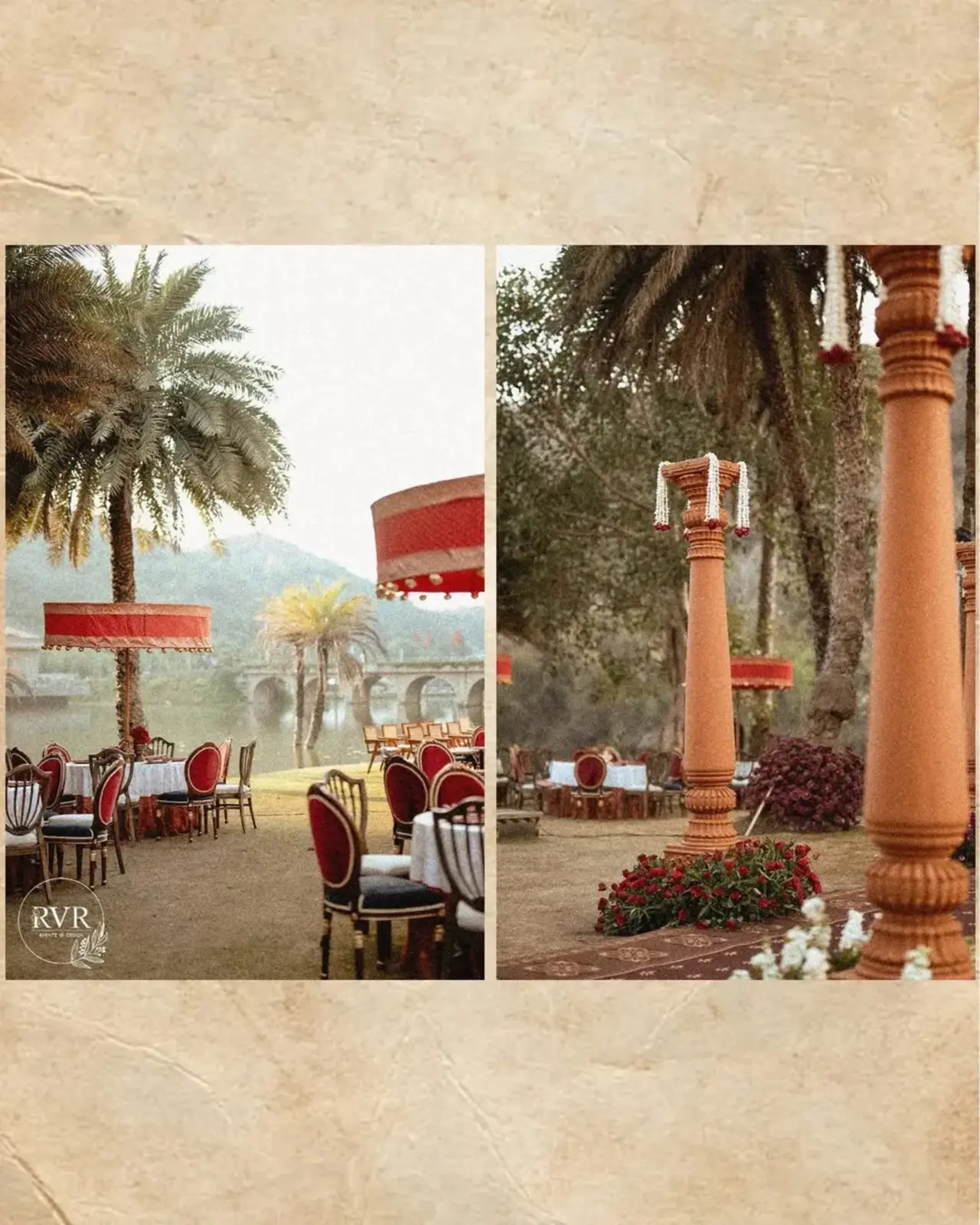 The venue appears to be set against a serene lakeside backdrop with palm trees and soft hills, creating a tranquil, almost palace like atmosphere. Outdoor seating is arranged with round tables dressed in crisp white linen, paired with vintage style chairs upholstered in deep red velvet