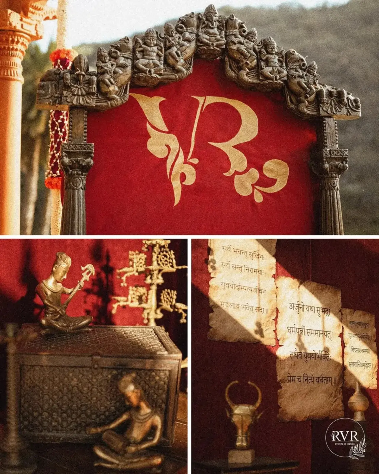 Vijay and Rashmika’s wedding decor exudes a regal, old world charm with strong South Indian heritage influences, blending earthy elegance with traditional grandeur