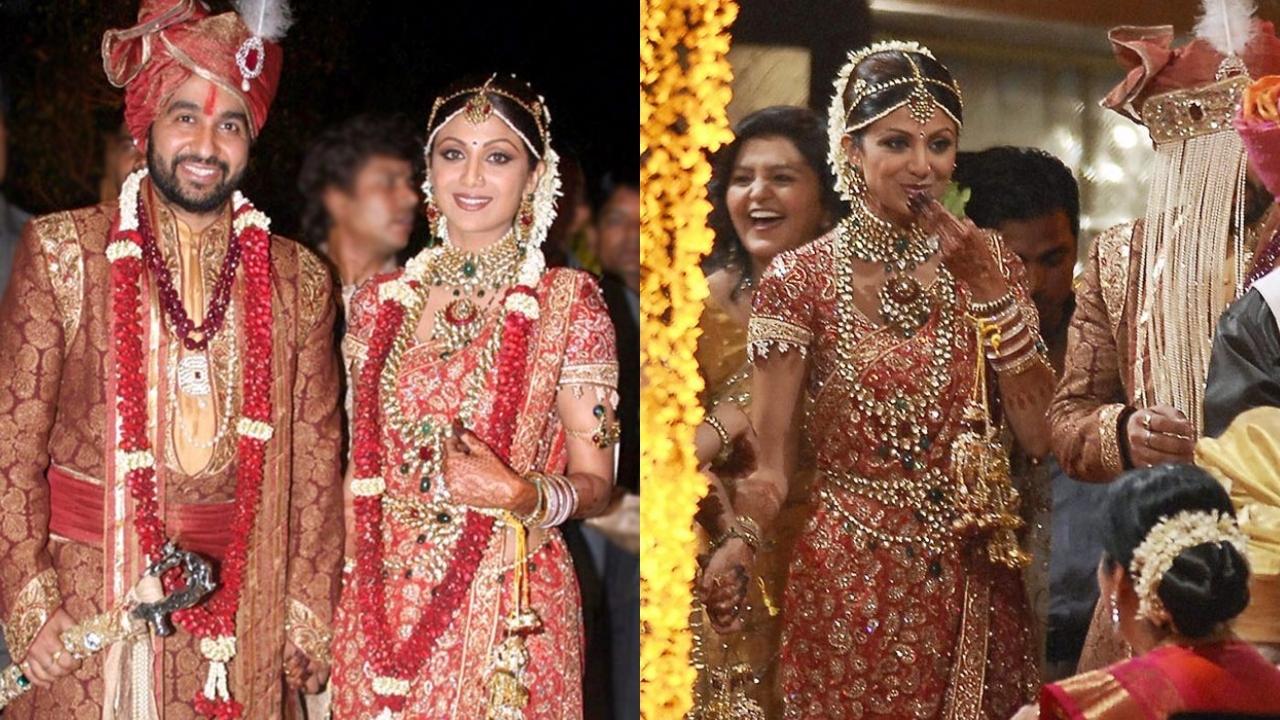 Shilpa Shetty's custom red creation featured intricate zardozi and aari hand embroidery, accentuated with Swarovski crystals arranged in paisley designs. The star topped off her red sari with equally statement-making jewels: a regal rani haar, a heavy choker and matching earrings.