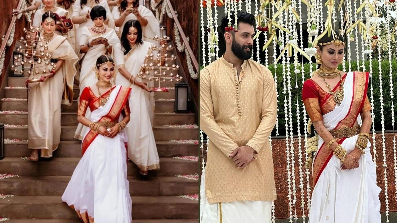 Mouni Roy embraced her husband’s Malayali roots with a classic white silk saree featuring a bold gold border. The temple jewelry, a layered necklace, maang tikka, and statement jhumkas, added a royal touch.