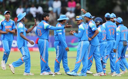 Team India players celebrating a wicket during the U-19 World Cup final (Pic: X/@BCCI)