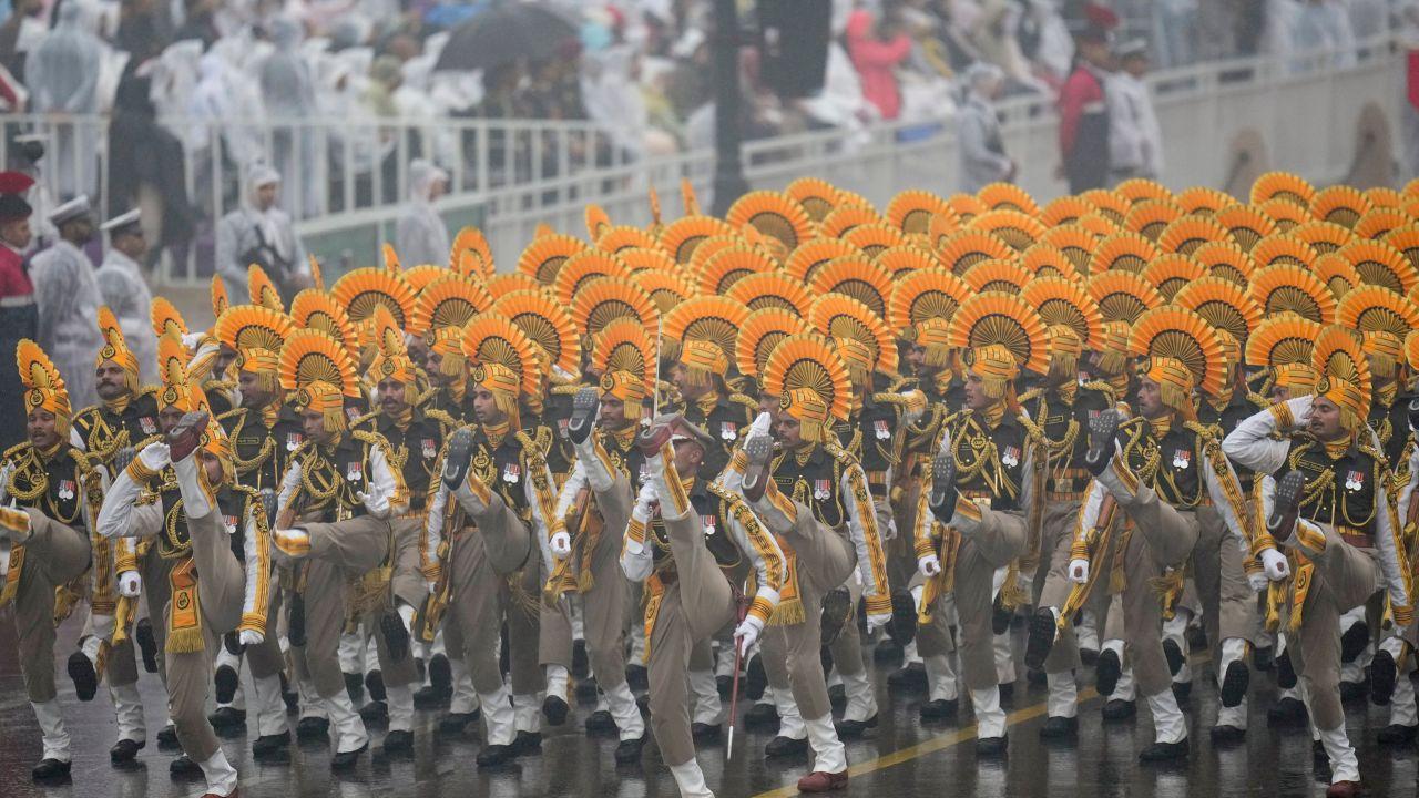 <p>Army formations remain tight and steps perfectly timed as the capital receives its first rain of the season during the Republic Day rehearsal.</p>