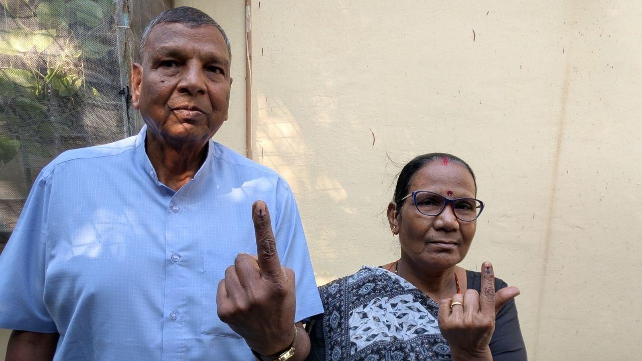 Shankar Mohan Lot (71) and his wife Meera (67) cast their votes in Goregaon East. The couple expressed satisfaction over the smooth and hassle-free voting process (Pic/Ranjeet Jadhav)