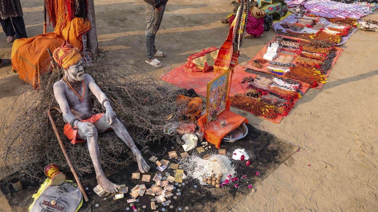 <p>A `sadhu` sits on a structure made up of thorns during `Makar Sankranti` as people keep their offerings in the form of money</p> <p>A `sadhu` sits on a structure made up of thorns during `Makar Sankranti` as people keep their offerings in the form of money</p>
