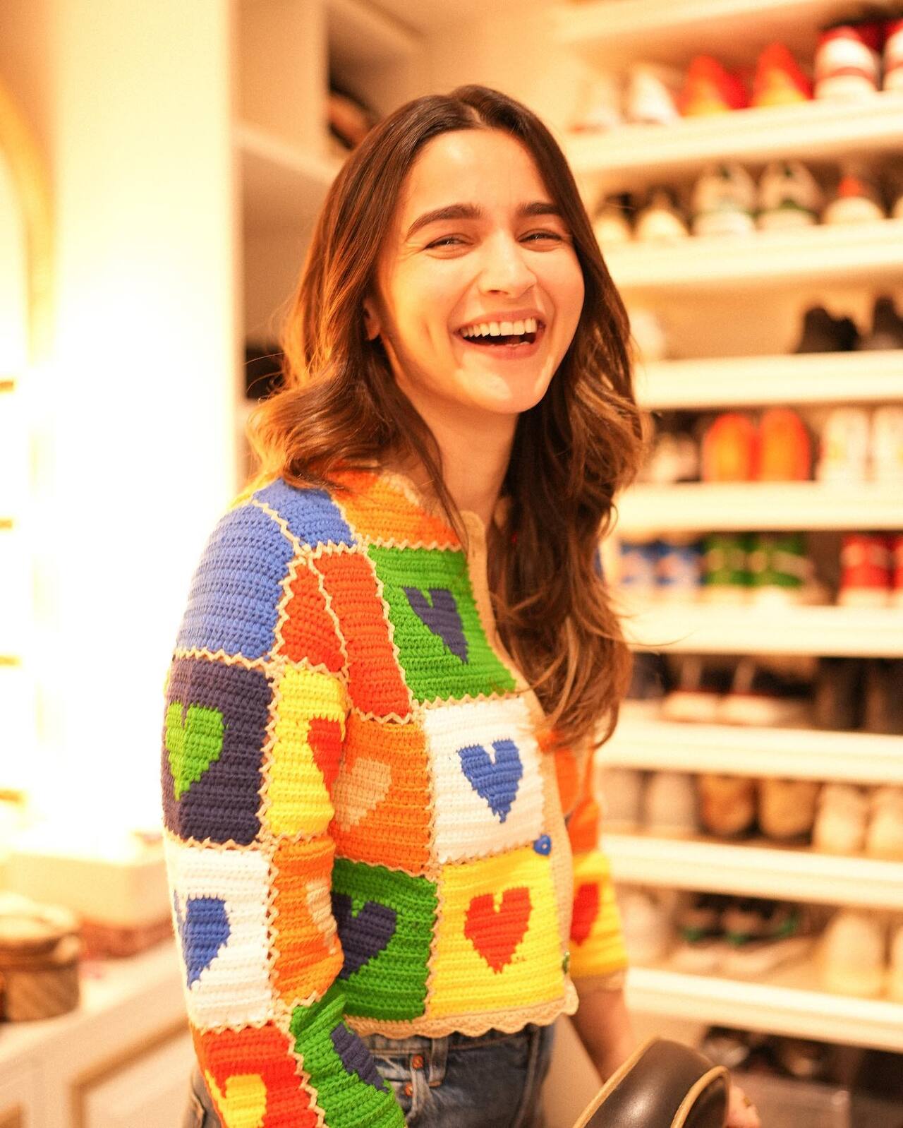 Alia Bhatt is a pro in her fashion game. This Bollywood sweetheart slays in a colourful crochet cardigan with hearts made all over.