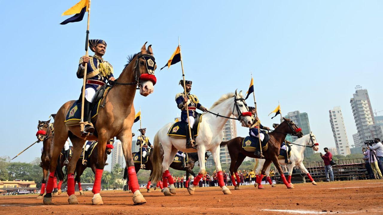 Maharashtra Police personnel on horseback, dressed in ceremonial uniforms, rehearse for the Republic Day parade on Monday, January 26
