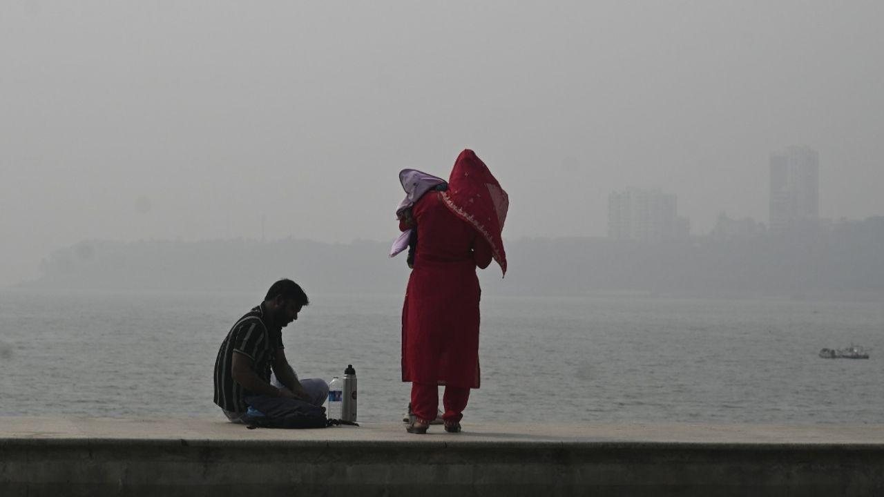 <p>A woman holding her baby amid the foggy, smog-filled city morning</p>