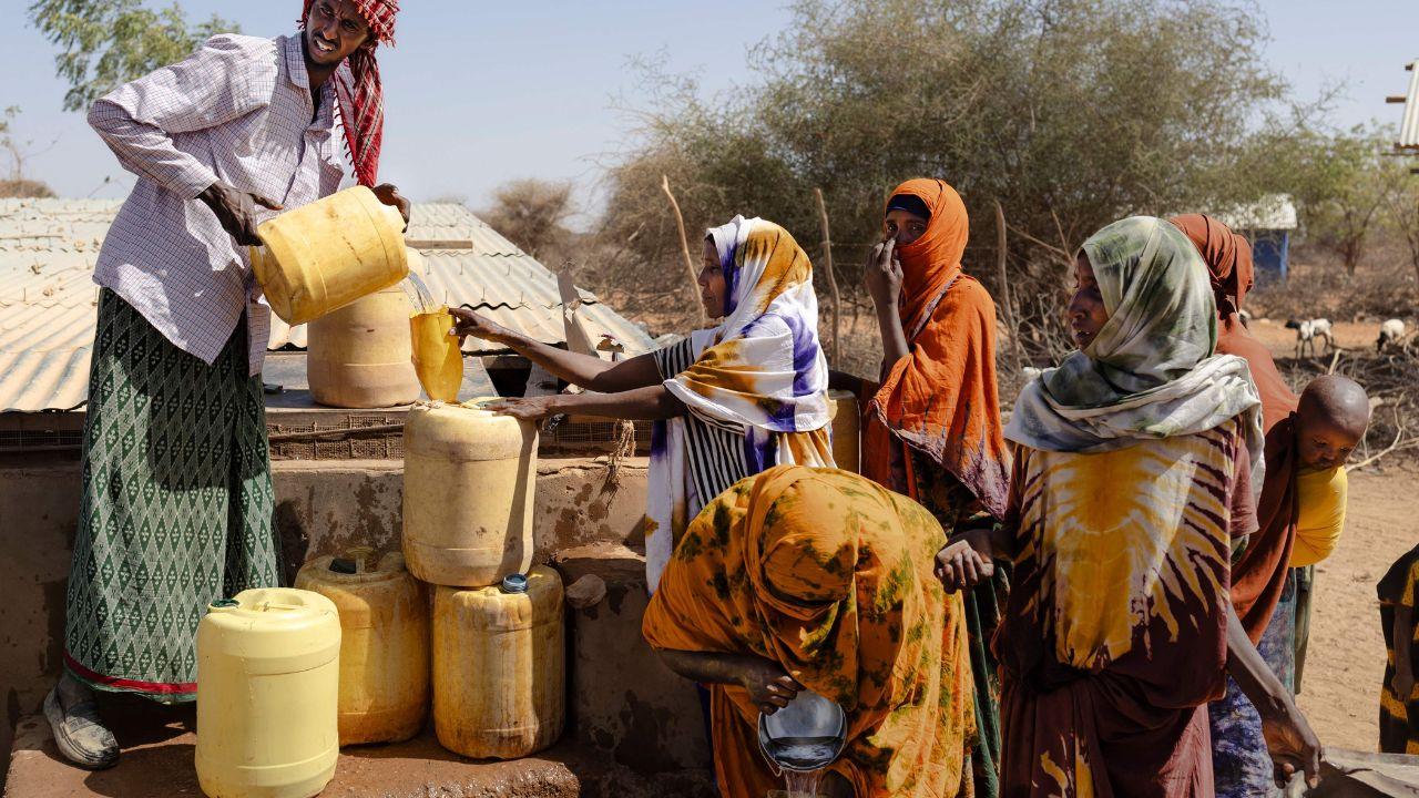 Residents collect water in jerrycans at a Kenya Red Cross distribution point, reflecting strained access as rainfall falls far below normal levels