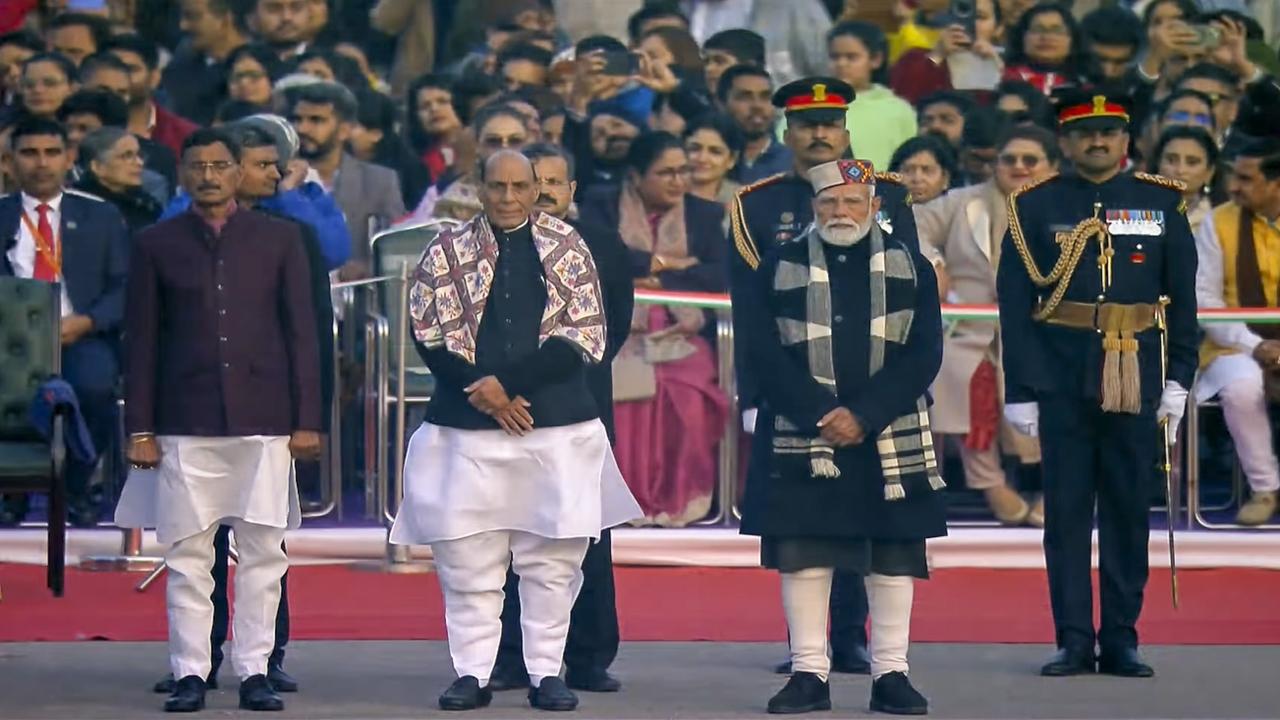 <p>From right, Prime Minister Narendra Modi, Defence Minister Rajnath Singh and Minister of State Sanjay Seth&nbsp;</p>