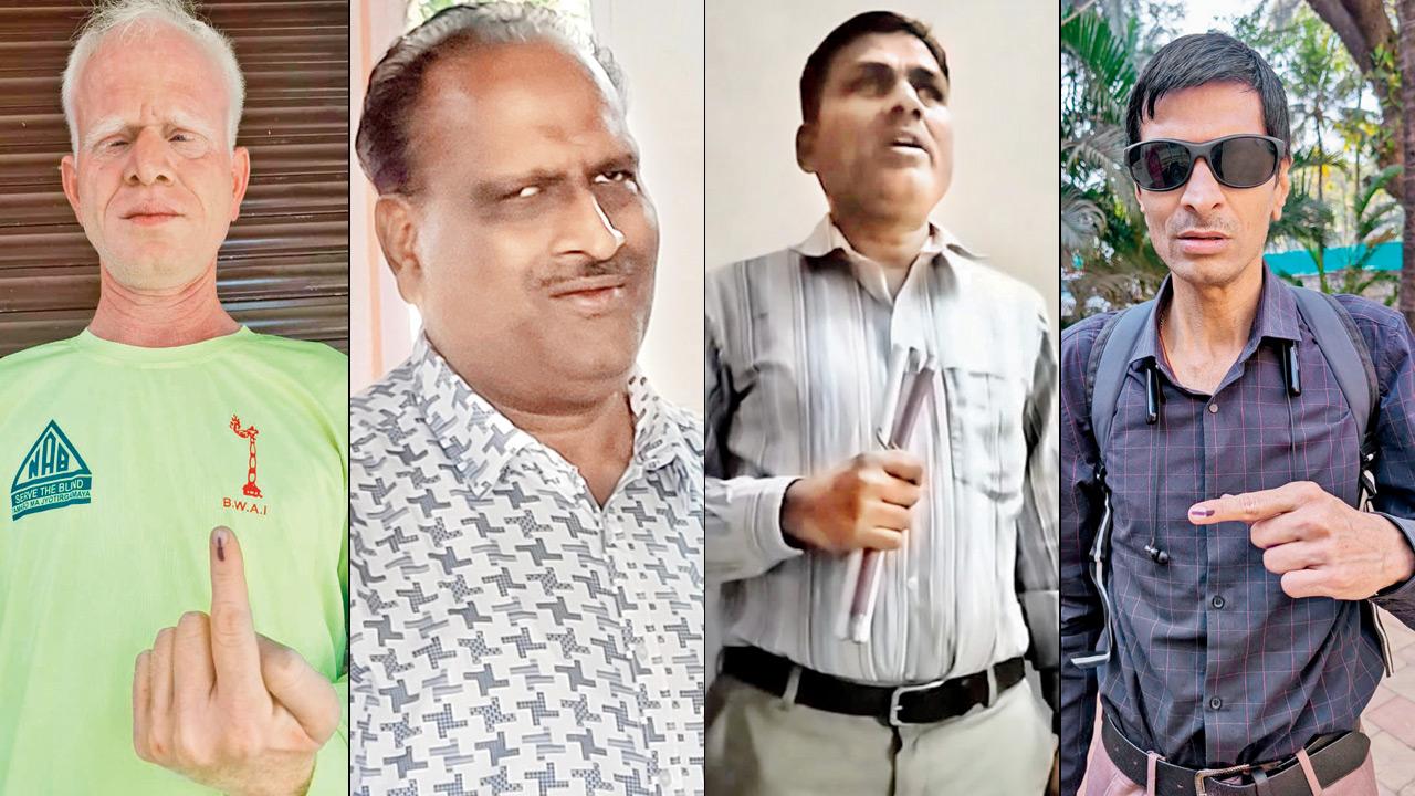 (From left) Devendra Ponnalagar, Sion Koliwada, Dr Vimal Kumar Dengla, secretary general, NAB, Mahadev Shinde, a resident of Vikhroli and Pankaj Choudhary, a visually impaired voter