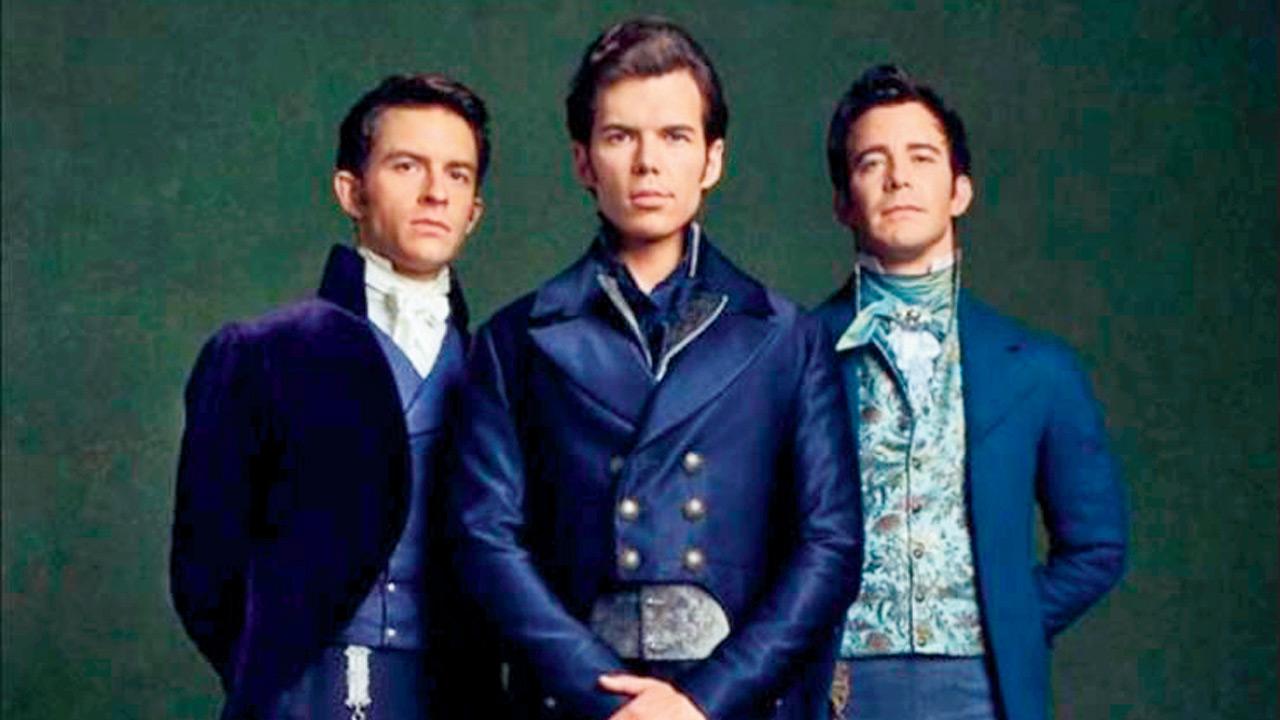 Anthony, Colin, and Benedict Bridgerton wear floral and embroidered jackets