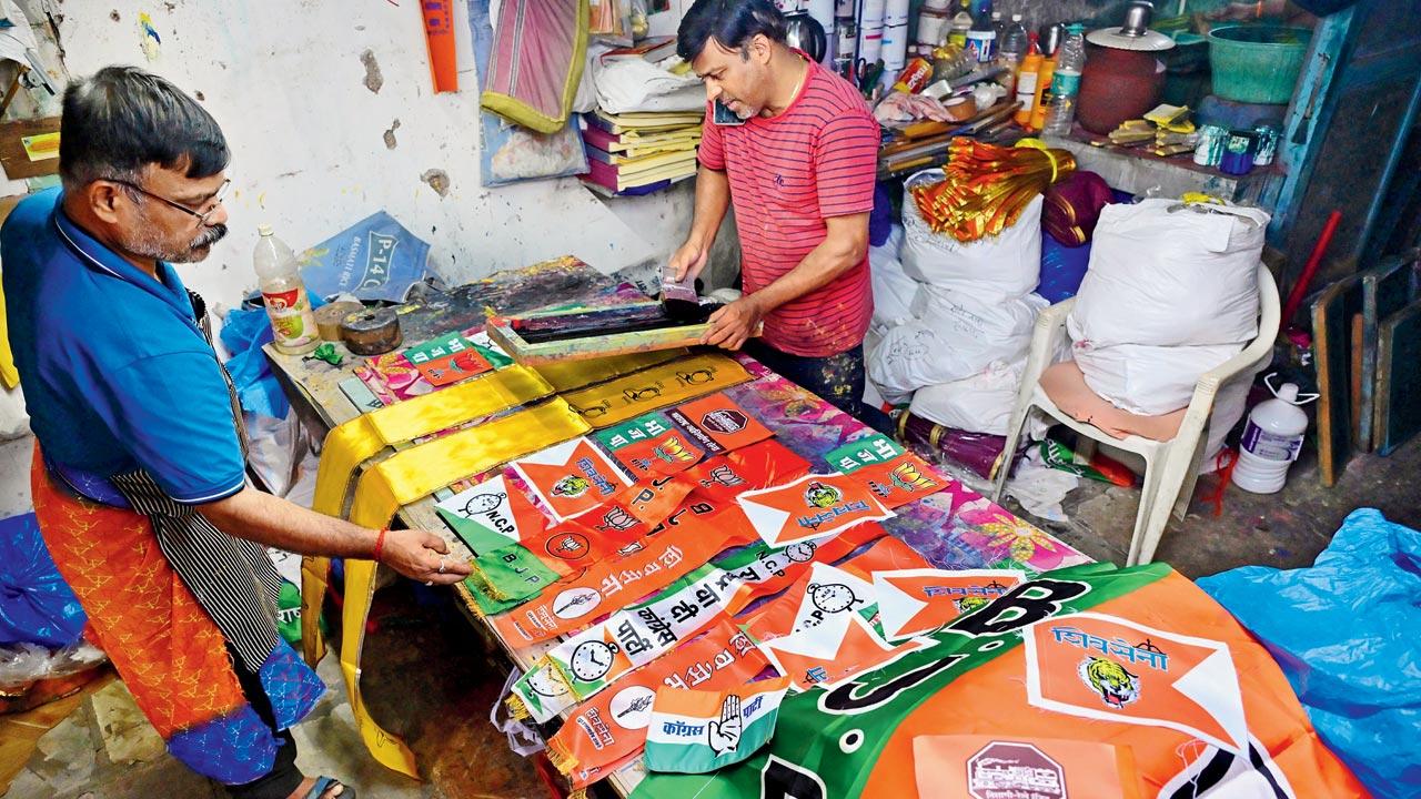 Political party symbols being printed at Lalbaug ahead of the BMC elections. Pic/Shadab Khan