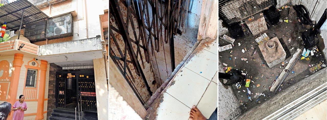The building in Mitha Nagar, Goregaon West, where the mishap occurred; (centre) the broken grill of the 21-year-old lift on the third floor of  R-1 Building of Dr Babasaheb Ambedkar SRA CHS Ltd; (right) the shaft through which the children fell. Pics/Satej Shinde