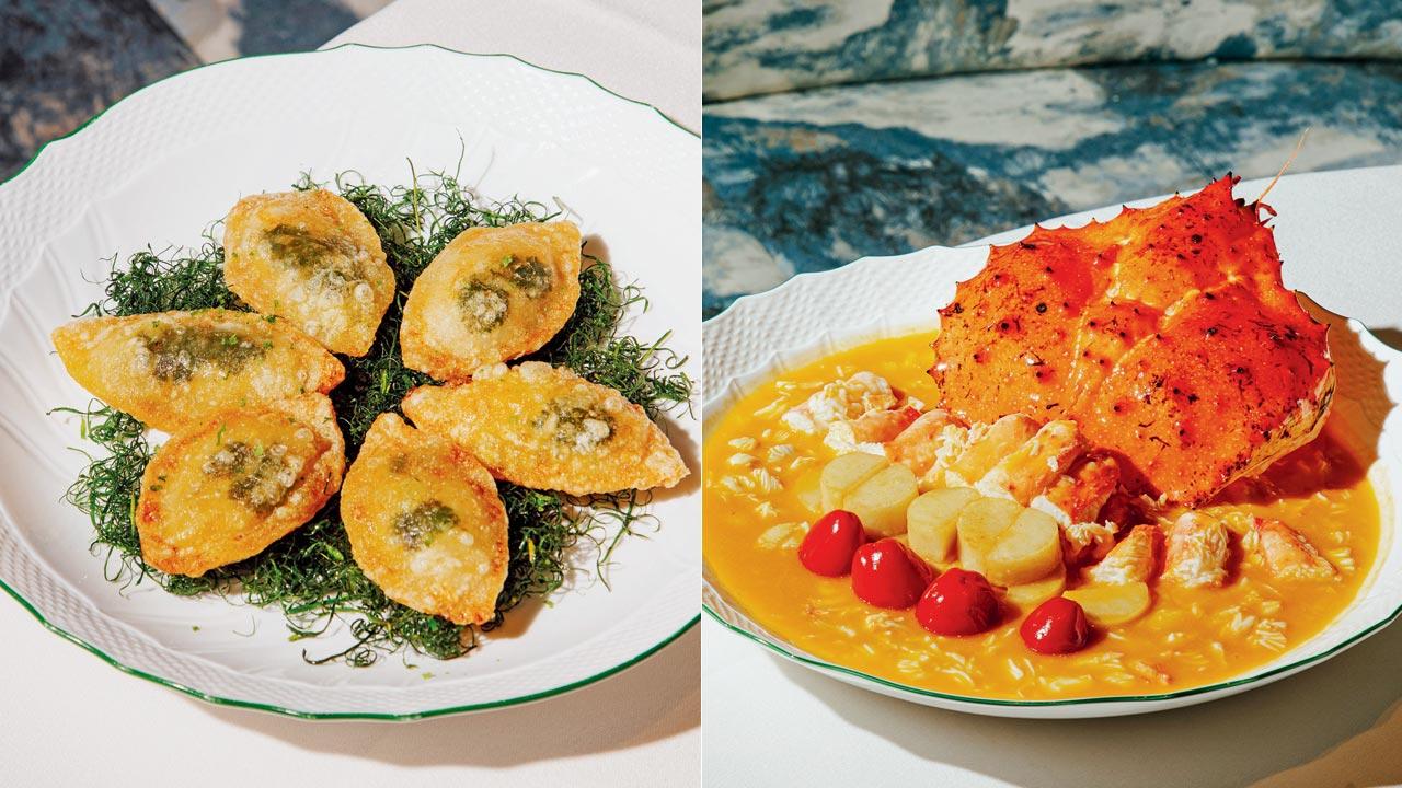 Golden-Fried Fish-Crab Croquette with Lime Essence; (right) Wok-Fried King Crab with Aged Pickled Chili