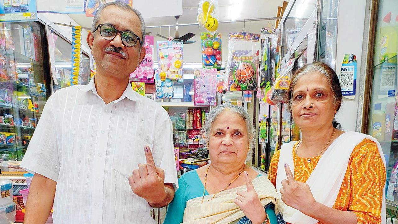 (From left) Juhu residents Rajesh Jagani, Vaishali Dighe, and Sumitra Jagani