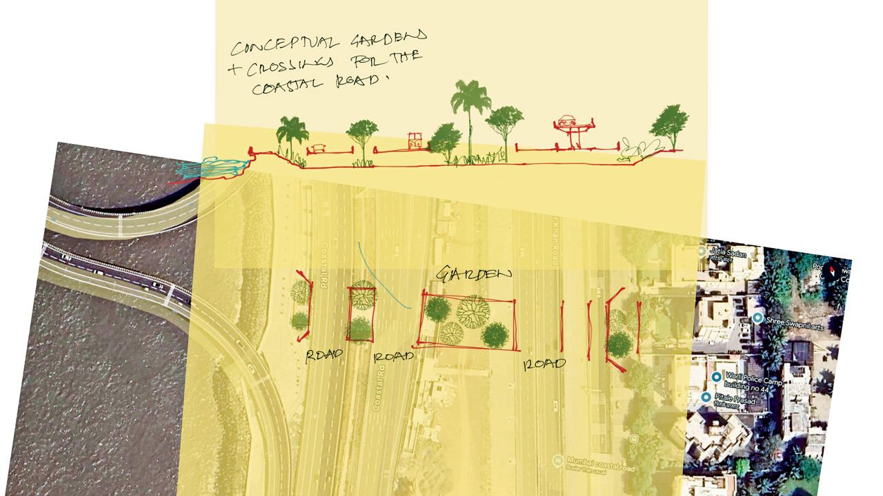 Pranav Naik suggests that the underpasses between the Coastal roads are the perfect place to start with greening efforts. In his drawing, he shows exactly where we could plant gardens. Illustration/Pranav Naik