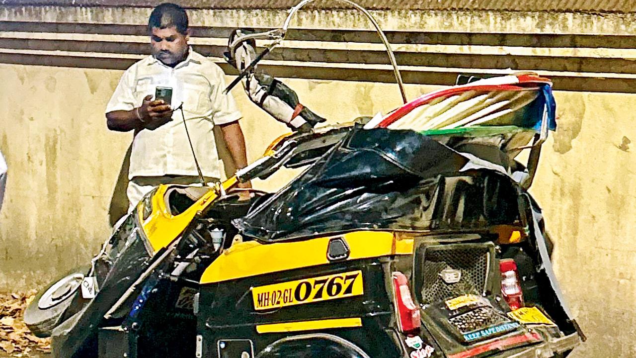 The wreckage of the autorickshaw after the collision