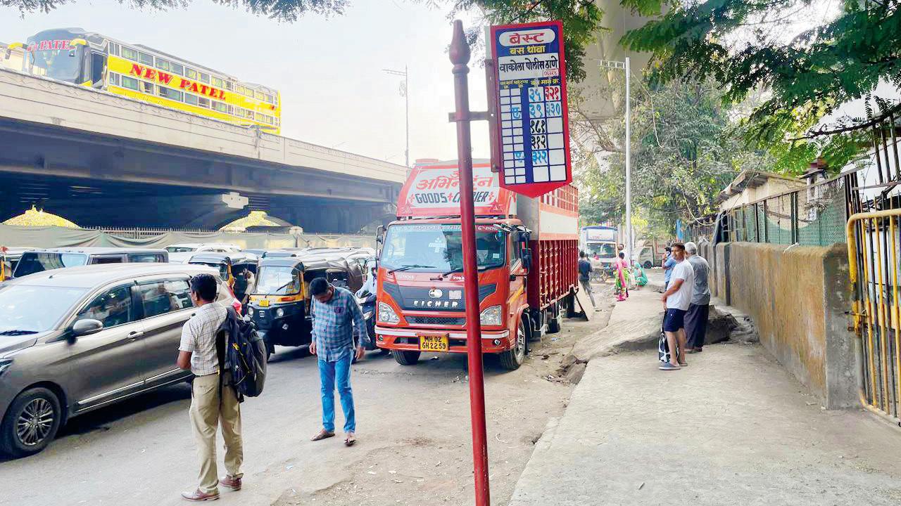 A BEST bus stop located on the footpath adds to congestion and safety concerns for pedestrians