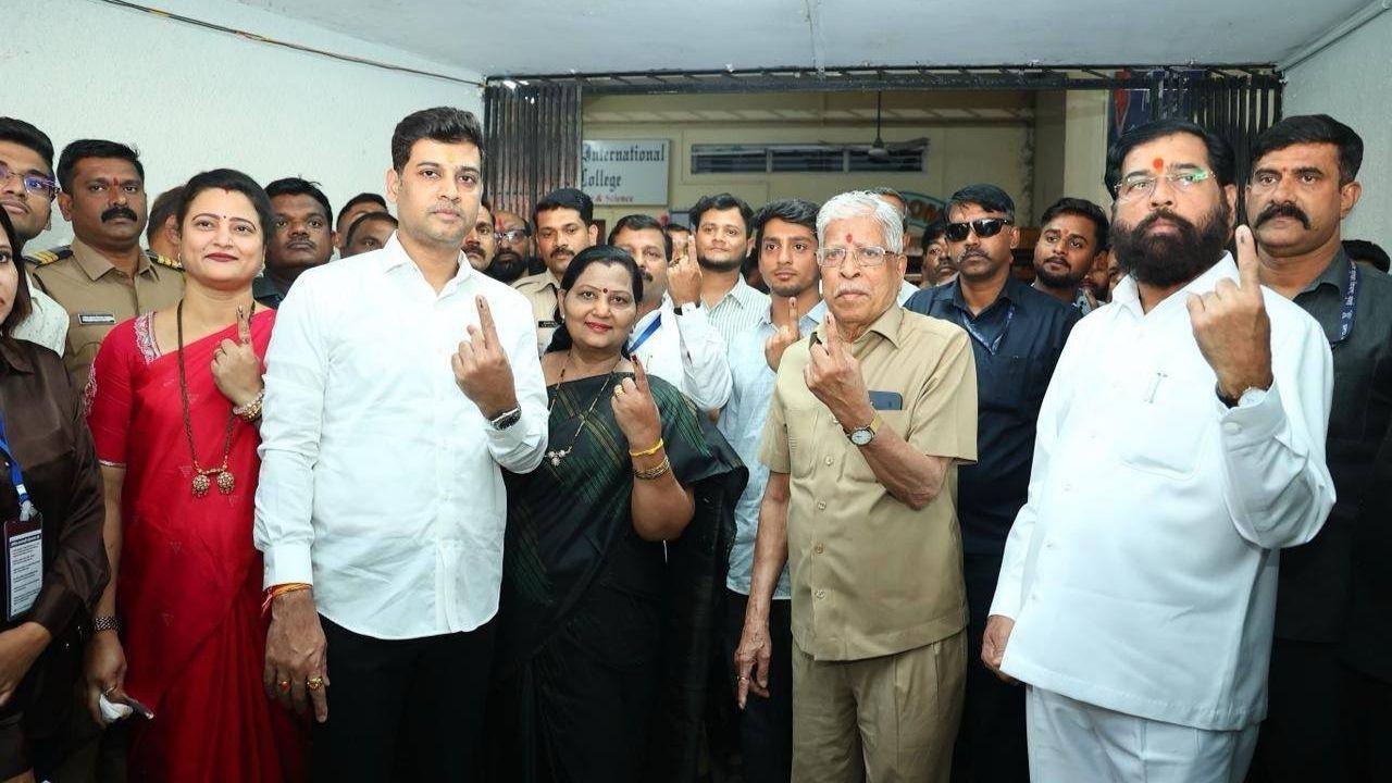 Maharashtra Deputy Chief Minister Ekanth Shinde along with MP Shrikanth Shinde and family also casted their vote in Thane amid the ongoing Maharashtra civic polls (Pic/X)