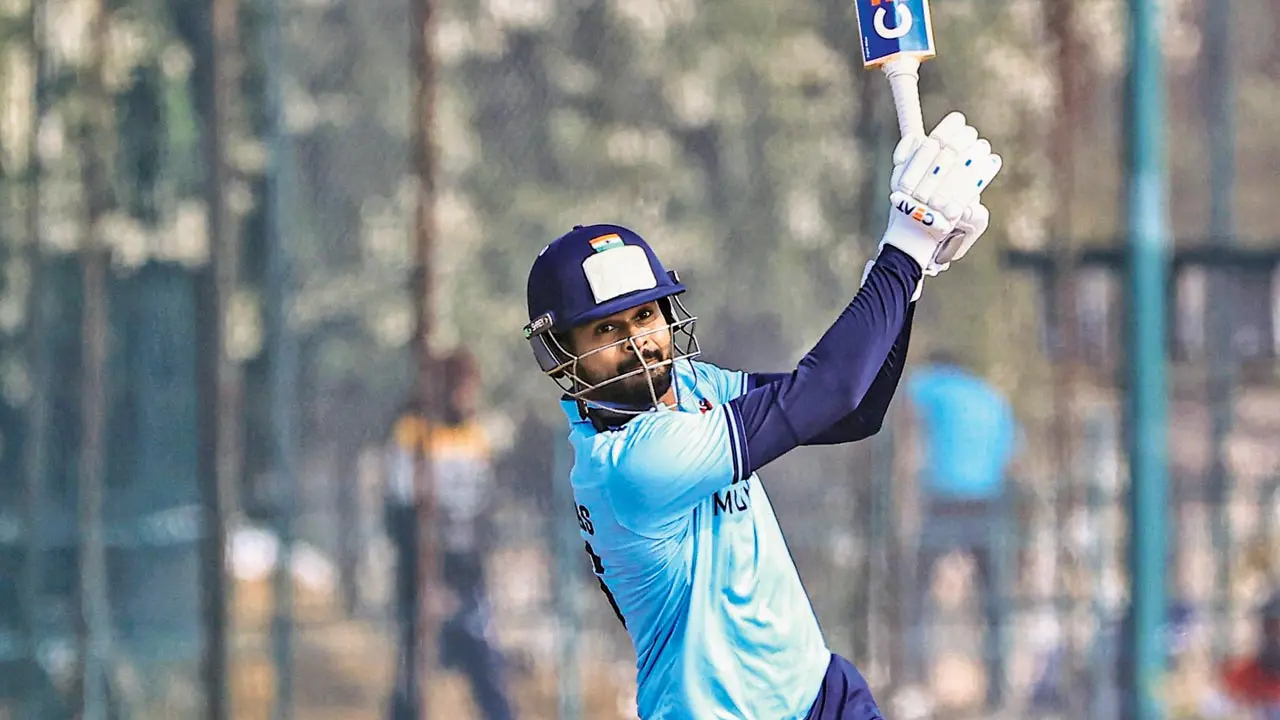 Mumbai captain Shreyas Iyer during his 82 against Himachal in Jaipur on Tuesday. Pic/PTI