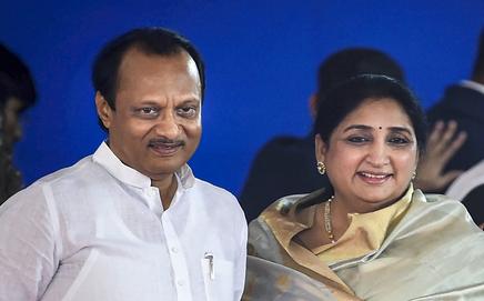 NCP leader Ajit Pawar with wife Sunetra at Vidhan Bhavan in 2019. PIC/PTI