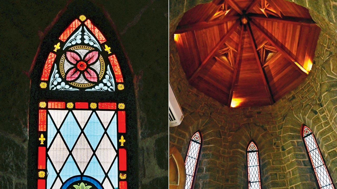 The stained-glass windows were additions from the first phase of conservation in the early 2000s. Inspired by churches in Scotland, they were recreated in India; (right) A distinct feature, the vestry was  restored with a combination of reused and suitable material. It will serve as the green room for performers, shares Kripalani.