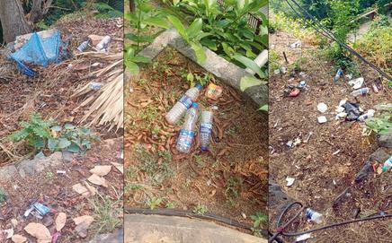 (From left) Plastic bottles and food wrappers litter the slopes below the Malabar Hill treetop walkway (middle) Garbage strewn across the green slopes near the walkway just nine months since inauguration (right) Plastic waste scattered along the trail below the walkway. Pics/By Special Arrangement